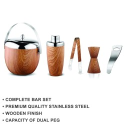 FnS International Pvt Ltd FnS Wooden Finish 5 Pc Bar Set (Ice Bucket. Cocktail Shaker, Peg Measurer, Ice Tong, Opener)