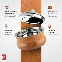 FNS Woodera Stainless Steel Double Wall Insulated Designer Wooden Finish Casserole with Lid | BPA Free | Food Grade Safe | Serving (1600 ml)