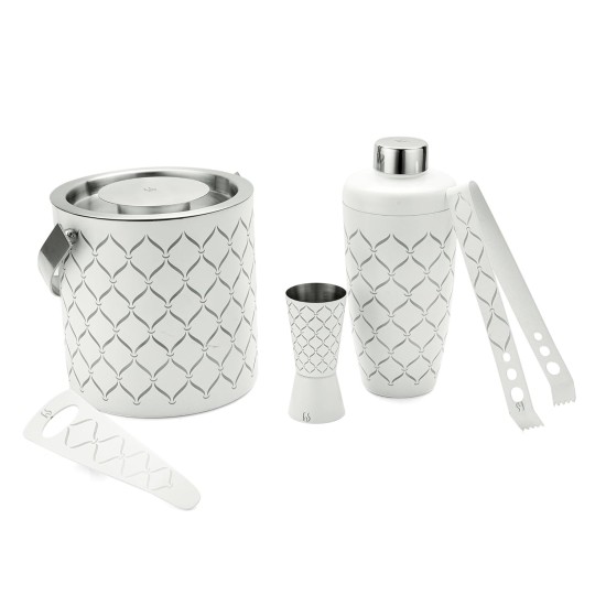 FnS Zurich White Finish 5 Pc Bar Set (Ice Bucket, Cocktail Shaker, Peg Measure, Ice Tong, Opener)(White)