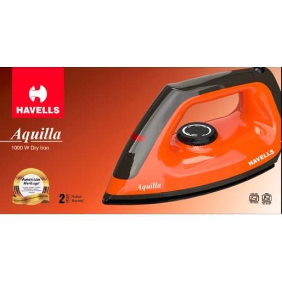 Havells Dry Iron Aquilla 1000W | Iron Press German Technology | Non Sick Coated Sole Plate | Shock Proof Body | 2 Yr Manufacturer Warranty (Orange/Black)