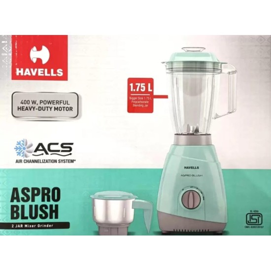 Havells Aspro Plus 400W 2 Jar Mixer Grinder, High Speed 21000 RPM Motor, 304 SS Blades, 5 Years Motor Warranty with Overload Protector, 1.5 Ltr Bigger Size Blending Jar