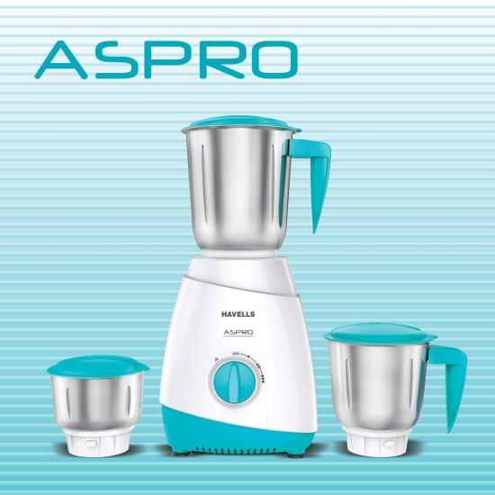 Havells Aspro Plus 500W White & Light Blue Mixer Grinder With 3 Jars