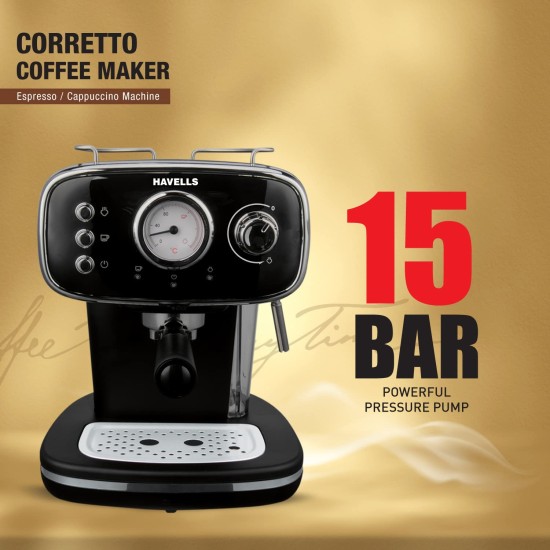 Havells Corretto Coffee Maker, Espresso/Cappuccino Machine with 15bar Pressure Pump | Thermometer Display | Frothing Function | Detachable Drip Trip | Filter Holder | Twin Brewing