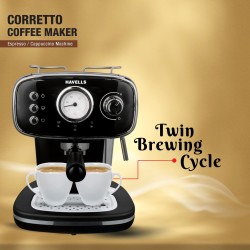 Havells Corretto Coffee Maker, Espresso/Cappuccino Machine with 15bar Pressure Pump | Thermometer Display | Frothing Function | Detachable Drip Trip | Filter Holder | Twin Brewing