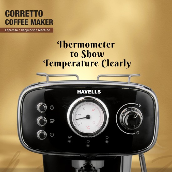 Havells Corretto Coffee Maker, Espresso/Cappuccino Machine with 15bar Pressure Pump | Thermometer Display | Frothing Function | Detachable Drip Trip | Filter Holder | Twin Brewing