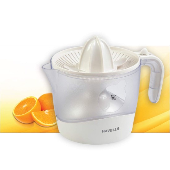 Havells Citrus Press 30 Watt (0.5 L) Juicer With 2 Different Sized Pressing Cones, Transparent Dust Cover Lid, 2 Two Pulp Filters & 2 Year Motor Warranty (White), 30 Watt