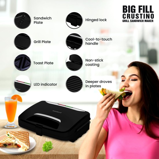 Havells Big Fill Crustino Grill Sandwitch Maker 900W With Food Grade Non Stick Grill Plates 2 Years Warranty