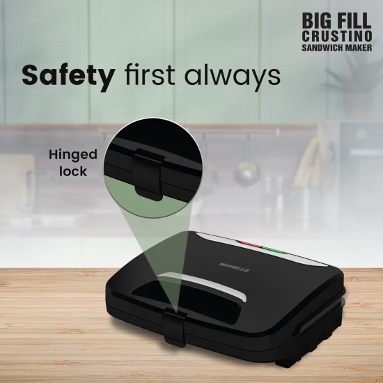 Havells Big Fill Crustino Sandwich Maker 900W with Food Grade Non Stick Coated Sole Plates Heat Resistant Backlite Body & 2 Years Warranty