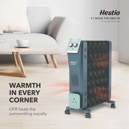 Havells Hestio 11 Wave Fin OFR 2900 Watt with 3 Heat Setting 1000W/1500W/2500W & PTC Heater 400W (Blue & Black)