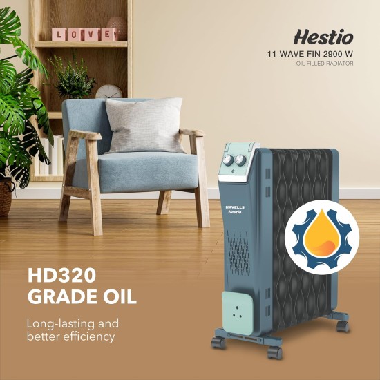 Havells Hestio 11 Wave Fin OFR 2900 Watt with 3 Heat Setting 1000W/1500W/2500W & PTC Heater 400W (Blue & Black)