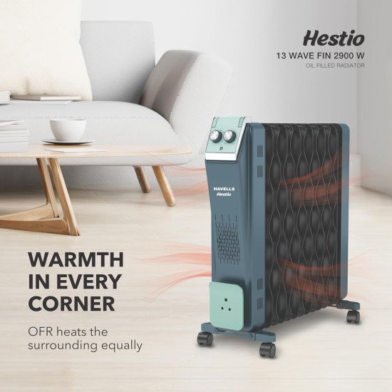 Havells Hestio 13 Wave Fin OFR 2900 Watt with 3 Heat Setting 1000W/1500W/2500W & PTC Heater 400W (Blue & Black)