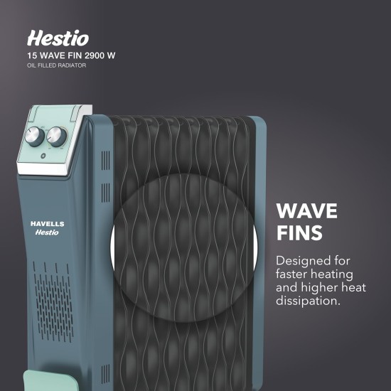 Havells Hestio 15 Wave Fin OFR 2900 Watt with 3 Heat Setting 1000W/1500W/2500W & PTC Heater 400W (Blue & Black)