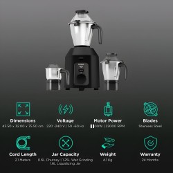 Havells Hexo Plus1100 watts 3 Jar Mixer Grinder I 2.5 Kg Double Ball Bearing Copper Motor I 22000 RPM I 100 Minutes Run Time I Metal Teeth Coupler & Jar Base I Black