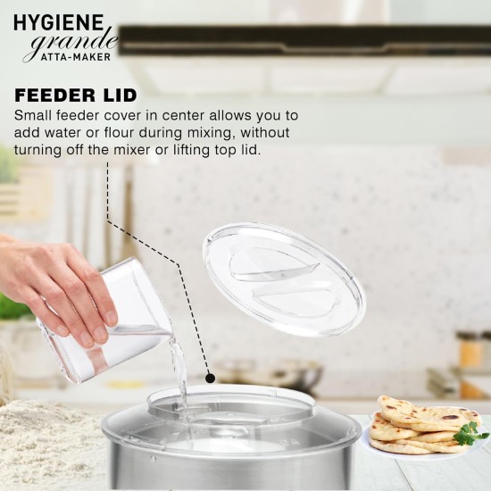 Havells Hygiene Grande Atta Kneader Dough Maker with 5L SS Bowl, Up to 1 KG Dough Maker, 4 Speed, Aluminium Dough Hook, Transparent Anti Splatter Lid with Lock, Hands Free Operation, 2 Yr Warranty