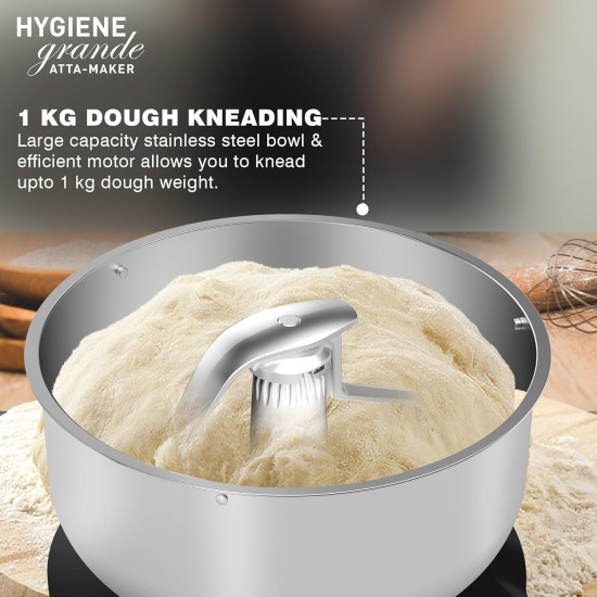 Havells Hygiene Grande Atta Kneader Dough Maker with 5L SS Bowl, Up to 1 KG Dough Maker, 4 Speed, Aluminium Dough Hook, Transparent Anti Splatter Lid with Lock, Hands Free Operation, 2 Yr Warranty