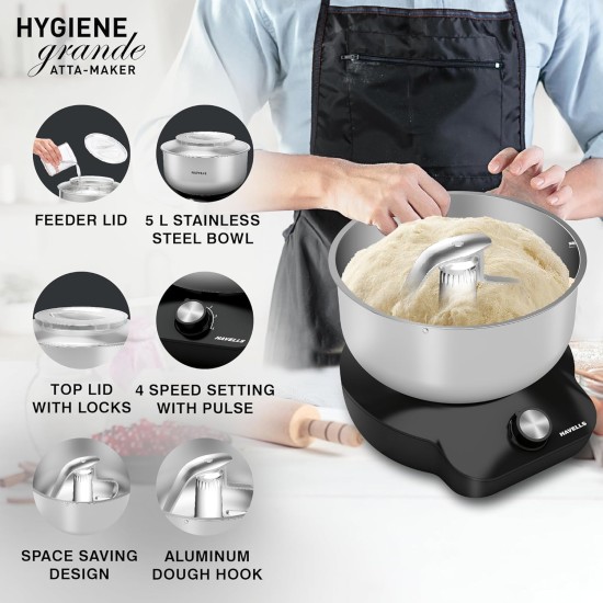 Havells Hygiene Grande Atta Kneader Dough Maker with 5L SS Bowl, Up to 1 KG Dough Maker, 4 Speed, Aluminium Dough Hook, Transparent Anti Splatter Lid with Lock, Hands Free Operation, 2 Yr Warranty