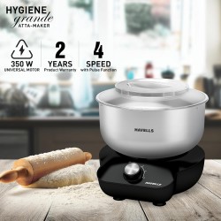 Havells Hygiene Grande Atta Kneader Dough Maker with 5L SS Bowl, Up to 1 KG Dough Maker, 4 Speed, Aluminium Dough Hook, Transparent Anti Splatter Lid with Lock, Hands Free Operation, 2 Yr Warranty