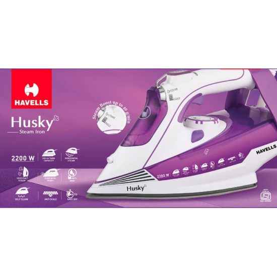 Havells Plastic Husky 2200 W Steam Iron With Auto Shut Off, Steam Boost, Vertical, Horizontal Ironing, Anti Drip, Self-Cleaning&Anti Calc Technology. (Purple), 2200 Watts