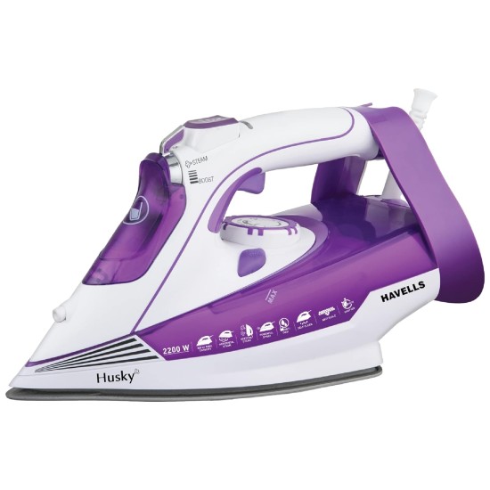 Havells Plastic Husky 2200 W Steam Iron With Auto Shut Off, Steam Boost, Vertical, Horizontal Ironing, Anti Drip, Self-Cleaning&Anti Calc Technology. (Purple), 2200 Watts