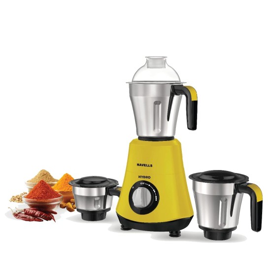 Havells Hydro 750 watt Mixer Grinder with 3 Wider mouth Stainless Steel Jar, Hands Free operation, SS-304 Grade Blade & 5 year motor warranty (Yellow)