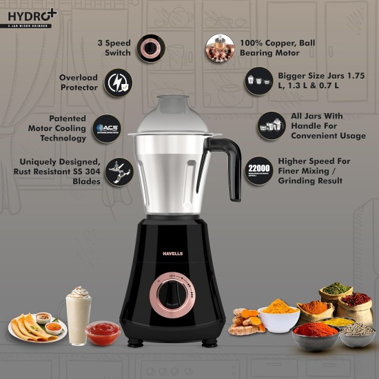 Havells Hydro Plus 1000 watt 3 Jar Mixer Grinder with Ball Bearing Motor, 22000 RPM, Wider mouth Stainless Steel Jar, Hands Free operation, SS-304 Grade Blade & 2 Yr Manufacturer Warranty