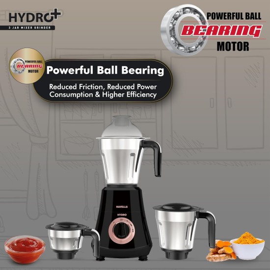 Havells Hydro Plus 1000 watt 3 Jar Mixer Grinder with Ball Bearing Motor, 22000 RPM, Wider mouth Stainless Steel Jar, Hands Free operation, SS-304 Grade Blade & 2 Yr Manufacturer Warranty