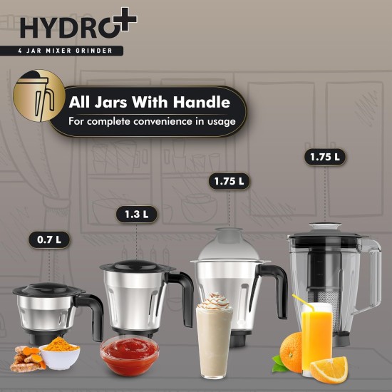 Havells Hydro Plus 1000 watt 4 Jar Mixer Grinder with Ball Bearing Motor, 22000 RPM, Wider mouth Stainless Steel Jar, Hands Free operation, SS-304 Grade Blade & 2 Yr Manufacturer Warranty