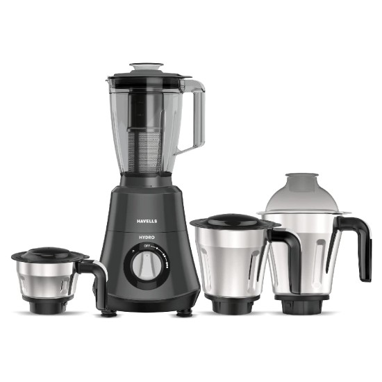 Havells Hydro 750 watt Mixer Grinder with 4 jar Wider mouth Stainless Steel Jar, Hands Free operation, SS-304 Grade Blade & 5 year motor warranty (black)