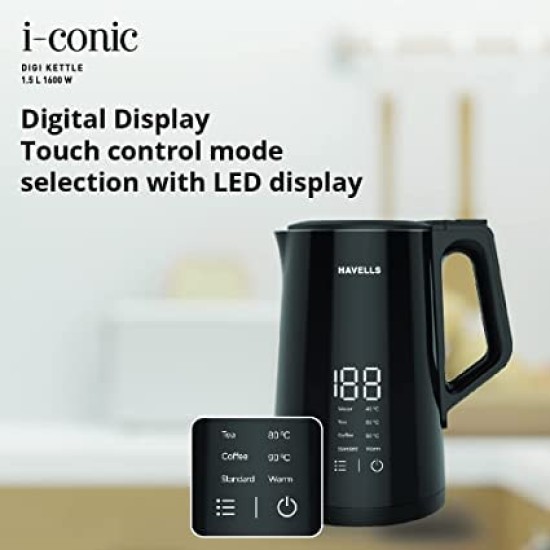 Havells I-Conic 1.5 Litre Digital Kettle with double wall and 304 stainless steel tank (Black)