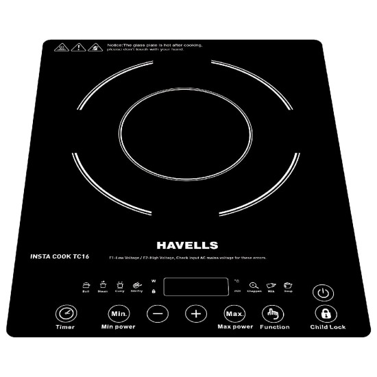 Havells Insta Cook Tc 16 Energy Efficent Induction (Black), 1600Watt, with 7 Cooking Option, Auto Pan Detection Sensor &3 Year Coil Warranty, Tempered Glass