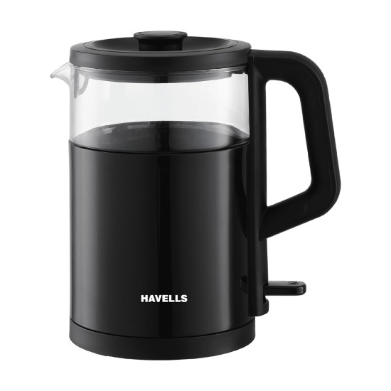 Havells MARINO Low Noise Glass Electric Kettle 1L|1200W Borosilicate Glass inner & Cool Touch Outer Body| Detachable LID|304 Rust Resistant SS Base|2 Yr Manufacturer Warranty (Black)