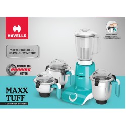 Havells Maxx TUFF Heavy Duty 900 Watts 4 Jar Mixer Grinder, Ball Bearing Copper Motor, 22000 RPM, Large Size Break Resistant Jars with Flow Breaker, 5Years Motor Warranty (White/green)