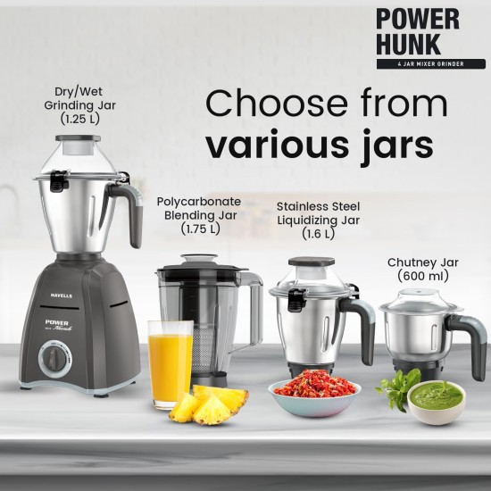 Havells Power Hunk (4 Jar) 800 watt Mixer Grinder with 3 Wider mouth Stainless Steel Jar, Hands Free operation, SS-304 Grade Blade & 7 year motor warranty (Grey)