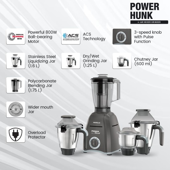 Havells Power Hunk (4 Jar) 800 watt Mixer Grinder with 3 Wider mouth Stainless Steel Jar, Hands Free operation, SS-304 Grade Blade & 7 year motor warranty (Grey)