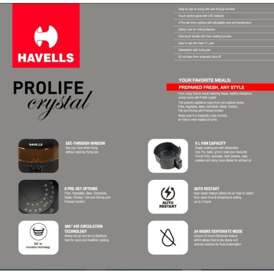 Havells Air Fryer Prolife Crystal | See-Through Window | 85% Less Oil | 5L Pan | 8 Presets Menu | Auto Restart | Touch Screen | Digital Display |Dehydrator Mode | 1500 Watt & 2 Year Warranty, 5 Liter