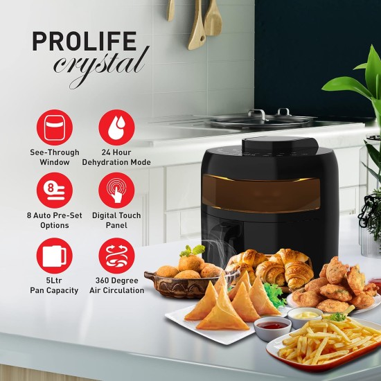 Havells Air Fryer Prolife Crystal | See-Through Window | 85% Less Oil | 5L Pan | 8 Presets Menu | Auto Restart | Touch Screen | Digital Display |Dehydrator Mode | 1500 Watt & 2 Year Warranty, 5 Liter