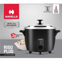 HAVELLS RISO Plus 1.8 L 2 Bowl Rice Cooker, 700 W, 1.8L,3 X Protection, 1 mm Thick 2 inner bowl, SS 304 stainless steel Lid(Black)