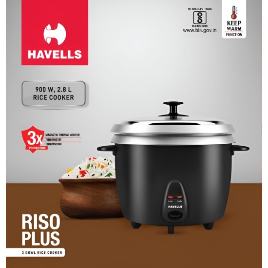 HAVELLS RISO Plus 2.8 L 2 Bowl Rice Cooker| 900 W | Indicator Light |3 X Protection | 1 mm Thick 2 inner bowl | SS 304 stainless steel Lid | Cook and Warm function| Drum shape model(Black)