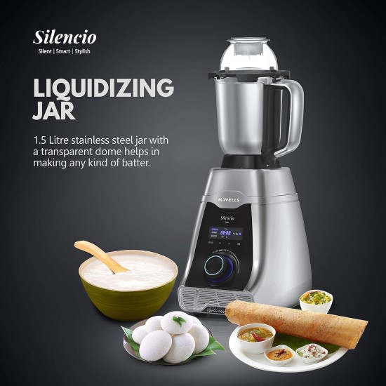 Havells Silencio Lowest Noise 4 Jar Mixer Grinder with HVDC Technology, Slow Speed Grinding, Double Layer Insulated Steel Jar, LED Display/Pre-Set Options & Hands free operation (Grey Black)500 Watts