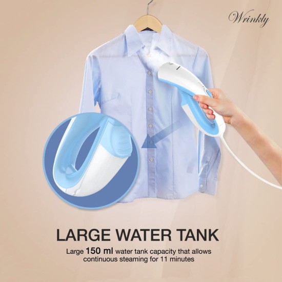 Havells Wrinkly Hand Held Garment Steamer 920 Watts - Ergonomic Design,150Ml Tank Capacity, Powerful Dual Steam Setting & 2 Year Warranty (Blue And White)