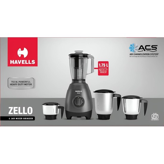 Havells Zello 4 Jar 750 watt Mixer Grinder with 1.75Ltr Polycarbonate Jar with Fruit Filter, 21000 RPM, Overload Protector, 2 Yr Product & 5 Yr Motor Warranty (Grey)