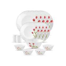 La Opala Radiant Curves Novo Collection Opalware Dinner Set, 15 Pieces, White/Red, Standard 