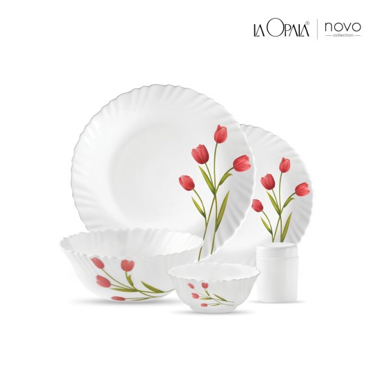 La Opala Radiant Curves Novo Collection Opalware Dinner Set, 15 Pieces, White/Red, Standard 