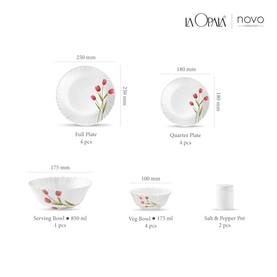 La Opala Radiant Curves Novo Collection Opalware Dinner Set, 15 Pieces, White/Red, Standard 