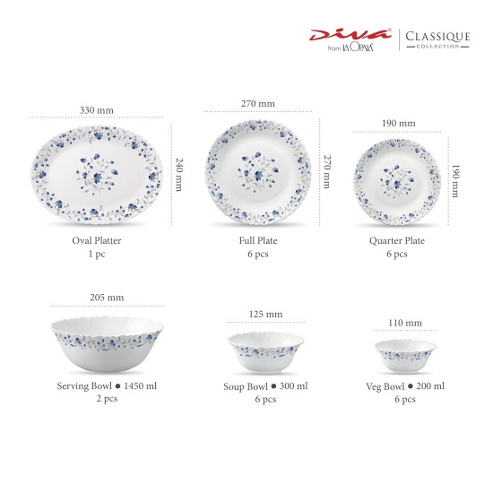 La Opala Diva, Classique Collection, Opal Glass Dinner Set 27 pcs, Blue Mystique, White