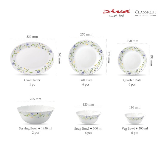 La Opala Diva, Classique Collection, Opal Glass Dinner Set 27 pcs, Morning Glory, White