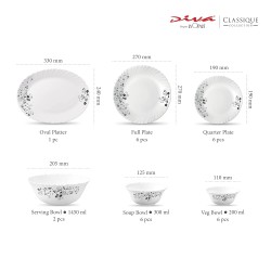 La Opala Diva, Classique Collection, Opal Glass Dinner Set 27 pcs, Mystrio Black, White