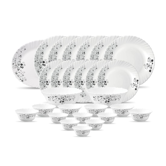 La Opala Diva, Classique Collection, Opal Glass Dinner Set 27 pcs, Mystrio Black, White