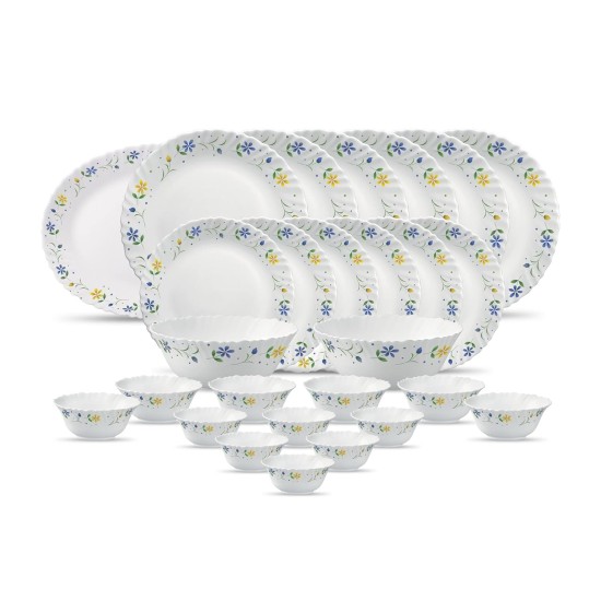 La Opala Diva, Classique Collection, Opal Glass Dinner Set 27 pcs, Twilight Bouquet, White, Standard