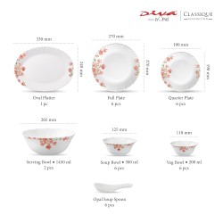 La Opala Diva Classique Collection Opal Glass Crockery | for Family of 6 | Dinner Set 33 pcs Aster Pink | Plates & Bowls for Dining | Microwave Safe | 100% Vegetarian | Extra Strong | White